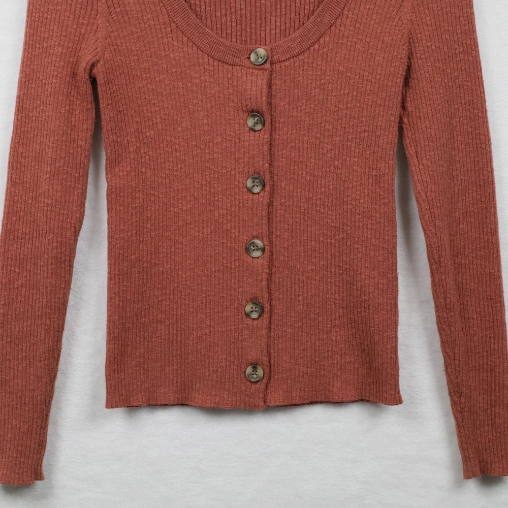 MADEWELL‎ Ribbed Scoop Neck Button Front Cardigan Sweater Academia Brick Red XS